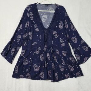 Torrid Tunic Top Womens 4 Blue Floral Skull Boho Crochet V Neck Bell 3/4 Sleeve